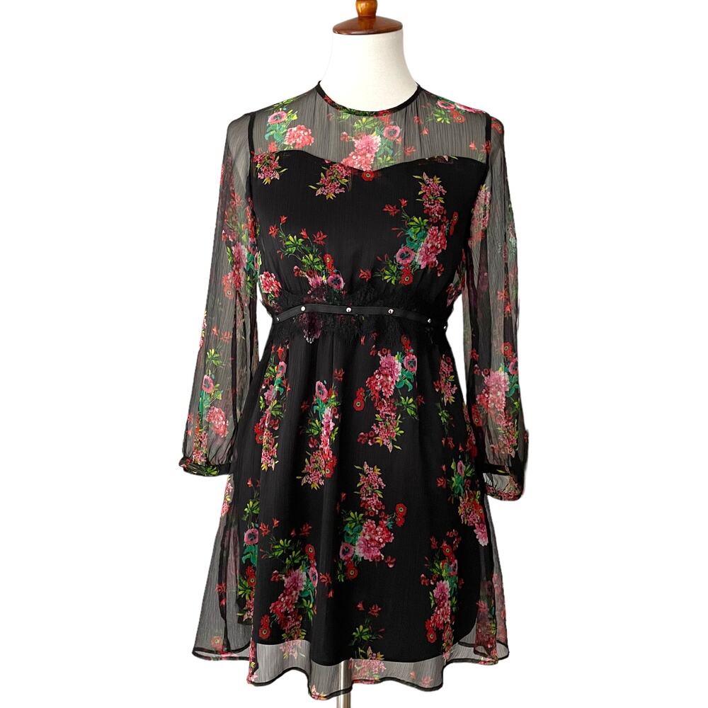 ZARA Women's Black Floral Long Sheer Sleeve Fit & Flare Dress Size XS READ